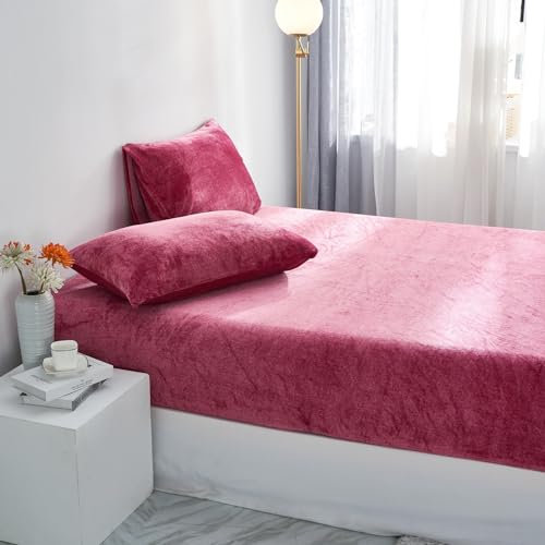 Luofanfei Spannbettlaken Winter Extra Warm 160x200cm Boxspringbett Fleece Warm Rot Rote Samt Plüsch Kuschelige Frottee Kuschel Bettlaken Uni Leintuch für Hohe Matratze Hoher Steg bis 25 30 cm