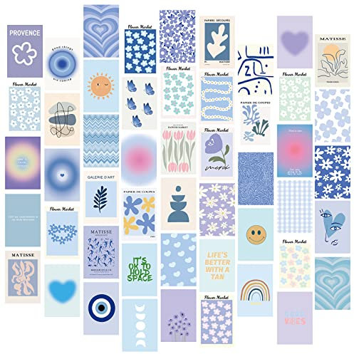50 Stück Ästhetisches Bild, Blau Wandcollage Kit Ästhetisches Bild für Wandcollage, Collage Print Kit Postkarte für Teenager-Mädchen Room Decor, Ästhetische Postkarte, Zimmer Schlafsaal Foto Display