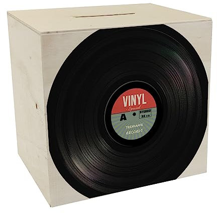 Spardose aus Holz im Retro Vinyl Schallplattendesign RocknRoll-Stil schönes Sparschwein als Geschenkidee für einen Musikfan der 70er und 80er Sparbüchse sparen Schallplatte