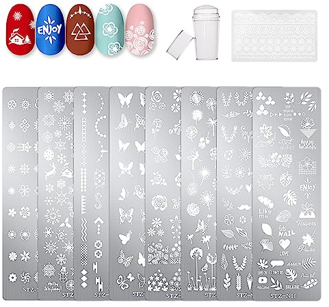 Johotone Nail Art Stamping Templates 8pcs Nail Stamping Templates with Nail Stamper and Scraper for DIY Nail Art Decoration Nail Salon Design