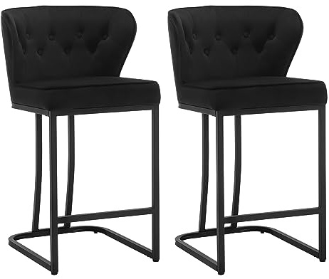 WOLTU Lot de 2 Tabourets de Bar avec Dossier, Chaise de Salle à Manger avec Repose-Pieds, Ergonomique, pour Cuisine, Chambre, Salon, Chaise en Velours et Pieds en Métal, Noir, BH383sz-2