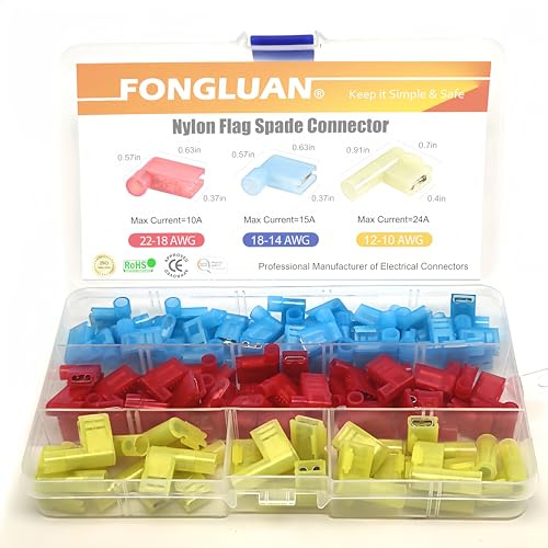 FONGLUAN 100pcs Nylon Flag Spade Female Insulated Terminals 24-10 Gauge Quick Disconnects Electrical Crimp Terminals Connector Assortment Set