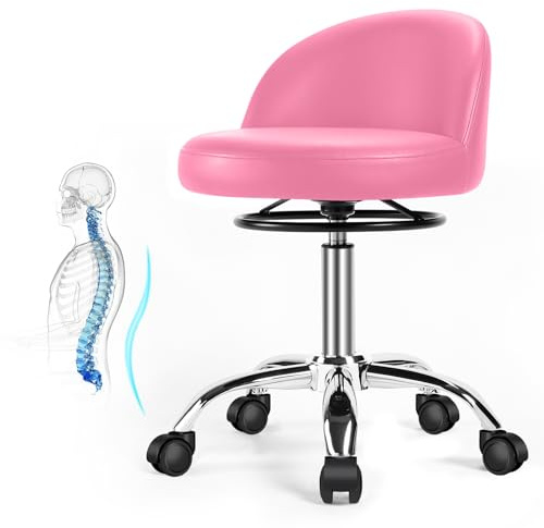 Rullpall, roterande pall med hjul, arbetspall med ryggstöd, skrivbordspall justerbar höjd för massage kontor hem salong pall barpall kökspall justerbar höjd (rosa)