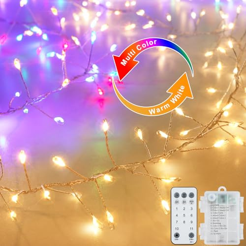 CCILAND Guirnalda de luces de racimo que funcionan con pilas, 3 m, 200 LED, blanco cálido y multicolor, luces de racimo que cambian de color, luces de petardos con control remoto para decoración de