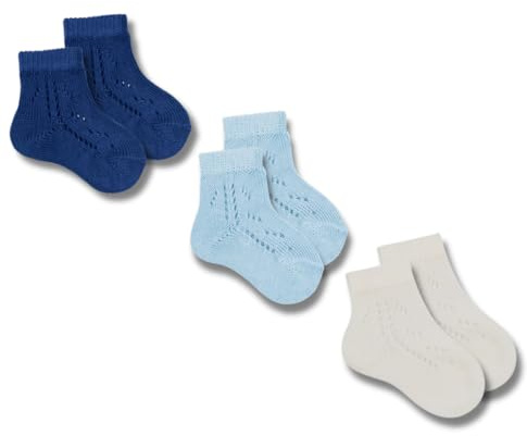 Coccoli | 3 Paia di Calzini Corti Neonato in Cotone Elasticizzato con Motivo Traforato, Calzini Traforati Neonato a Tinta Unita, Made in Italy (azzurro-panna-blu, 14/15)