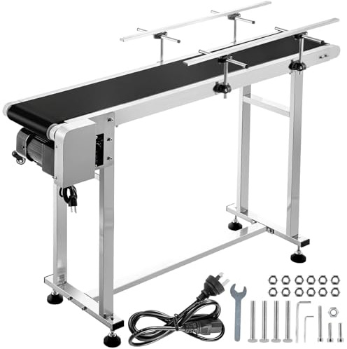 VEVOR PVC Belt Conveyor 59″x 15.7″, Electric PVC Conveyor 110V Adjustable Automatic Speed, Conveyor Machine with Double Guardrail, in Stainless Steel, Industrial Transport Equipment