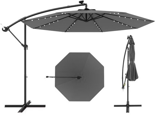 COSTWAY Parasol Déporté 3M Hexagonale, avec 40 LED Solaire, Inclinable, 8 Baleines en Métal, Base Croisée, Parasol à Manivelle pour Jardin Extérieur, Terrasse, Bord de Piscine (Gris)