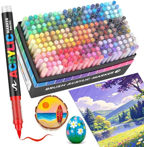 Guangna 240 Feutre Acrylique, stylos acryliques à pointe pinceau pour le coloriage adulte ，Acrylic Paint Markers pour Coloriage, Pierre, Céramique,Calligraphie, Verre, Bois, Toile