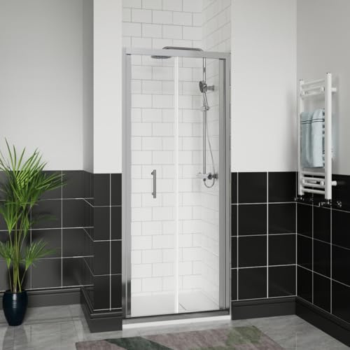 Aquariss 900x800mm Chrome Bifold Shower Door Enclosure with 800mm Self Clean Reversible Folding Shower Screen Cubicle + White SMC Anti Slip Shower Tray and 90mm Waste
