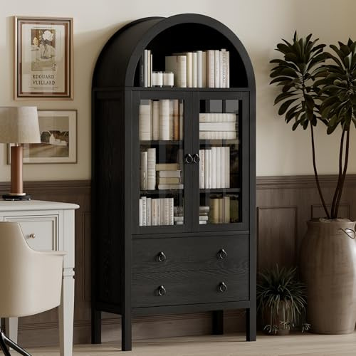 71'' Wood Arched Cabinet Kitchen Pantry - Farmhouse Arch Display Bookcase Hutch with 2 Large Drawers and Adjustable Shelves, Versatile Storage Furniture for Living Room Dining Room Bathroom, Black
