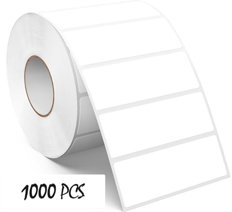 Meitaat 1000 Piezas Etiquetas Adhesivas Blancas Rollos Pegatinas Rectangulares Multiuso en Vinilo 76 x 25 mm Gomets Impermeables y Resistente al Rasgado per Rollo