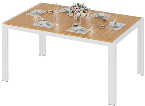 LIFERUN Wetterfest Gartentisch Groß, 140x90x75 cm Aluminium Terrassentisch mit WPC Tischplatte, Rechteckiger Esstisch Outdoor für 6 Personen, Stabiler Garten Terrasse o Balkon Tisch, Weiß+Teak