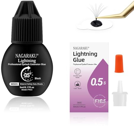 NAGARAKU Pegamento Para Pestañas Black Lightning 5ML | Secado Ultrarrápido 0,5s | Dura 5-6 Semanas | Alta Adherencia | Almacenamiento 1 Año | Fácil De Quitar | Pegamento Adhesivo De Uso Profesional