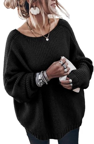 GUNEST Maglioni oversize da donna alla moda grosso pipistrello manica lunga casual girocollo a coste pullover tunica maglione, nero, XL