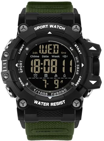 Orologio da polso da uomo digitale, sportivo, per esterni, impermeabile con retroilluminazione LED, sveglia, cronometro, data. Orologio militare per uomini, Verde militare, Cinturino