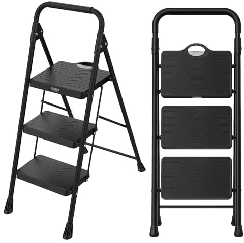 Ventux Gear – Scaletta in Alluminio 3 Gradini Pieghevole con Safety Lock e Ampio Pedale Antiscivolo – Portata 150 kg – Corrimano Ergonomico – Ideale per Casa, Cucina e Ufficio – Conforme EN 14183