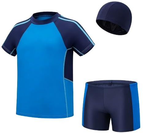 Mayoii 3PCS Boys Swimming Costume, Boys Swimming Trunks & Short Sleeve Rash Guard Shirt & Swim Cap, Toddler Swimsuit 2-15 Years (UK, Age, 12 Years, 15 Years, Regular, Blue)