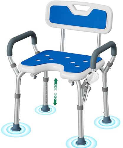 Luckfaith Silla de Ducha Ajustable con Reposabrazos – Asiento de Ducha Antideslizante en U con Respaldo y Reposabrazos Acolchados, Taburete de Baño Ligero para Personas Mayores y con Discapacidad