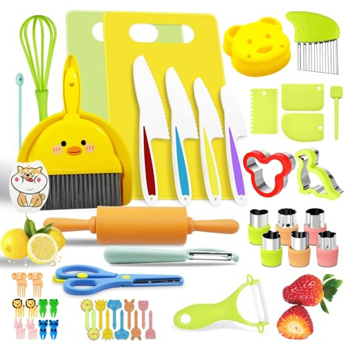 JOYBOY 47 Piezas Juego de Cuchillos para Niños,Utensilios Cocina Montessori para Cortar Frutas Verduras o Masa,Cocina Montessori,Cuchillo Niños,Juego de Cuchillos de Cocina para Niñoss