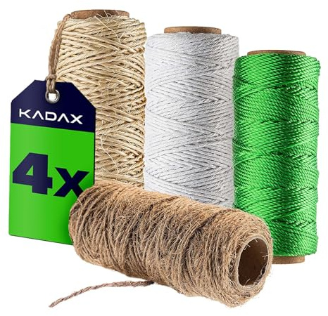 KADAX Set med 4 rep – jutesnöre 30 m, sisalrep 30 m, polypropen paketsnöre 55 m, bomullssnöre 65 m – 1 mm snören för trädgård, hantverk, förpackning och gör-det-själv