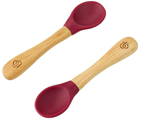 Bambu baby avvänjningsskedar set med 2 – mjuka silikonspetsar (körsbär)