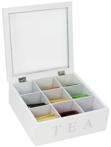 com-four® Scatola per bustine di tè con 9 scomparti - scatola di legno per la conservazione di tè - scatola tè con coperchio trasparente (01 pezzi - 22x22x8.5cm bianco)