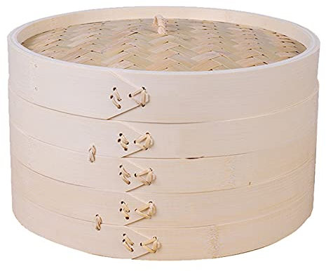 LTLWSH Vaporiera per Alimenti, 2 Livelli Cestello per Cottura A Vapore in bambù Fornello per Alimenti per Cottura di Riso Naturale Cinese con Coperchio,24cm