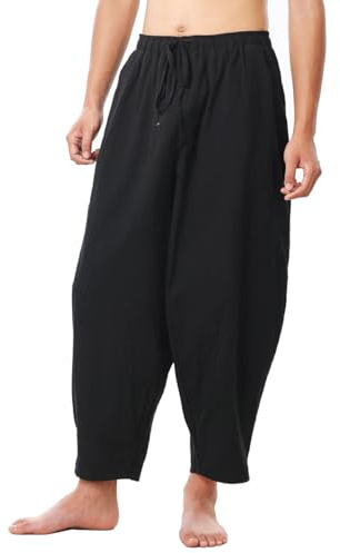COSDREAMER Pantalones Holgados para Hombre Harem con cordón, Casual, algodón, Lino, Yoga, Playa, tallaXL, Negro