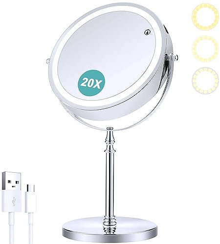 B Beauty Planet Schminkspiegel mit Beleuchtung, 1fach /20fach doppelseitiger Vergrößerungsspiegel,dimmbar, LED Schminkspiegel mit 3 Farb-Beleuchtungsmodi,20CM