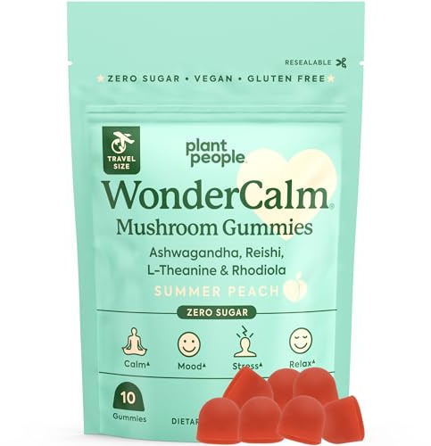Plant People WonderCalm Mushroom Gummies - Natural Ashwagandha Supplement to Ease Stress & Boost Mood for Adults Without Sugar, Gluten or Artificial Colors, Vegan-Friendly, Peach Flavor (Trial Size)