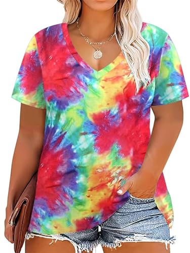 Summer Tops for Women Plus Size Casual Short Sleeve Red Tie Dye Basic Shirts 5X