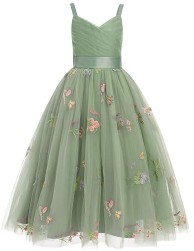 Odizli Robe de Princesse en Tulle pour Fille - Sans Manches, Bretelles Spaghetti, Col en V - Festive de Mariage, Broderie Verte, 10 Ans