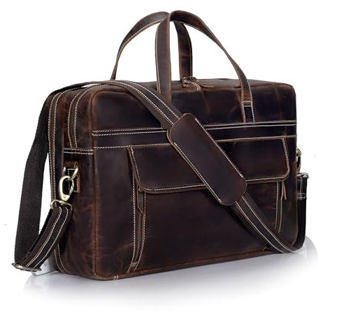 HLC 18 Inch Full Grain Leather Briefcase messenger shoulder bags for men and women (brown, 14 inch)
