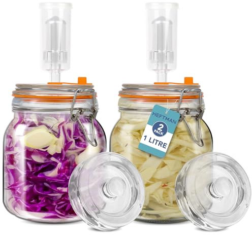 HEFTMAN Gärglas mit Luftschleuse, 1 l für sichere Gärung für Kefir, Kimchi, Sauerkraut, Sauerkraut, Sauerteig-Starter, Silikondeckel und Gärgewichte, Gärgläser, 2 Stück (komplettes Set)