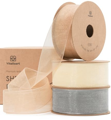 Vitalizart Nude & Cream & Grey Organza Ribbon 1'' x 30Yd for Crafting | 3 Rolls x 10Yd, Wide Fabric Tulle Ribbons for Gift Wrapping, Christmas Tree, Decoration, Bows, Wedding Invitations