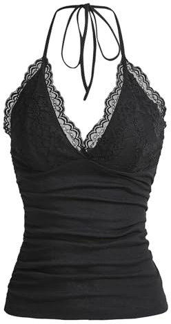 GORGLITTER Women's Lace Ruched Halter Neck Tops Backless Sexy Party Tops | Deep V Neck, Skinny, Lace Trim, Soft, Festival Vest Top for Summer, Vacation, Holiday, Going Out