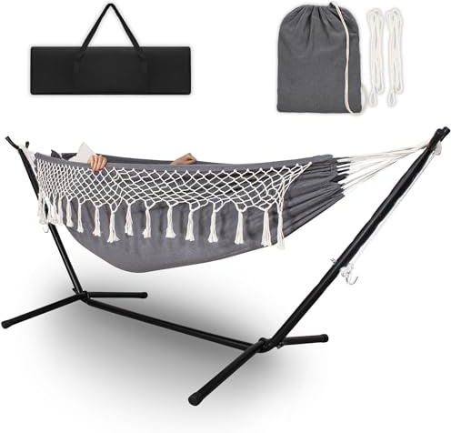 Springos® Hamac double avec armature - Charge maximale : 200 kg - Structure en métal : 120 kg - Réglable - Tissu en coton respirant - Coussin et sac de transport inclus - Idéal pour le jardin, la