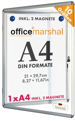 OfficeMarshal Displayfodral, 1 x A4, inklusive 2 magneter, informationslåda, magnetisk och skrivbar bakpanel, affisch, visningsfodral med aluminiumram och akrylglas