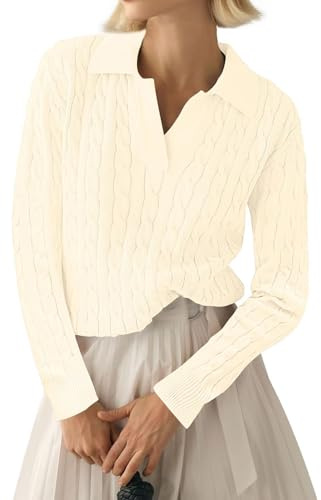 LACOZY Women's Long Sleeve Polo V Neck Sweater Knit Tops Fall Casual Ribbed Shirt Loose Pullover Sweater 2025 Apricot M