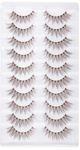 10 Pairs Wimpern Braun, Braune Wimpern Natürlicher Look Leichte Flauschige Lashes mit Klarem Band, Handmade Faux Mink Lash für D Curl Effekt