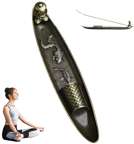 NASSMOSSE Incense Holder for Sticks 2x9 Fisherman Boat Zinc Alloy Incense Stick Holder with Fish Carving Decorative Burner for Yoga, Meditation, Bedroom