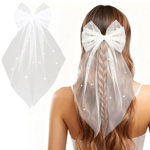 Bridal Hair Bow Veil with Pearl, White Bow Hair Barrette Wedding Veil Hairclips for Night Party Bridal Shower Accessories