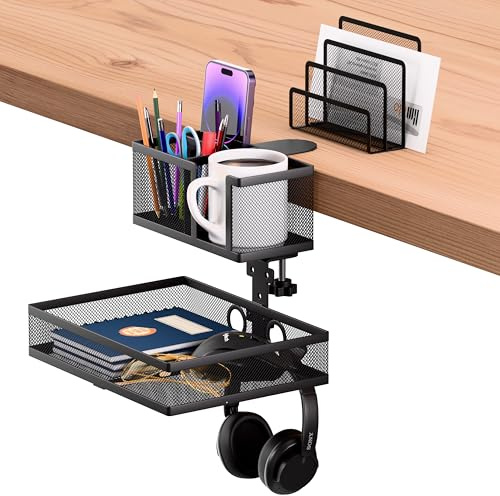 Genérico Organizador de Escritorio 6 en 1 con Abrazadera, Cajón Bajo Escritorio Giratorio 360° y Sujeta Vasos Intercambiables, Desk Organizer Fácil de Instalar, Accesorios de Oficina