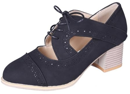 Escarpins Mary Jane Brouge Oxford à lacets à talon bloc et bout aile vintage pour femme, Noir , 41 EU
