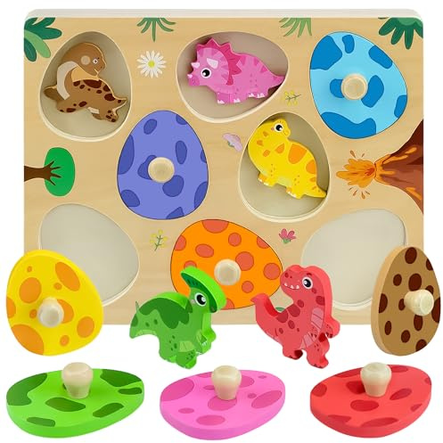 VingaHouse Montessori 3D-träpussel för barn med dinosaurie | 1 år gammalt träpussel, sortering spel för födelsedagar, påsk, present till flickor och pojkar