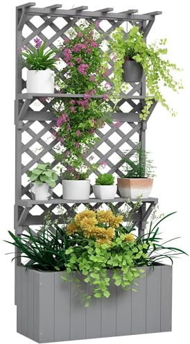 Outsunny 52L Wooden Planter with Trellis, Freestanding Raised Bed for Garden with Hanging Roof, Shelves, Drainage Holes, Bed Liner, Outdoor Planter Box for Climbing Plants Vegetables Flowers, Grey