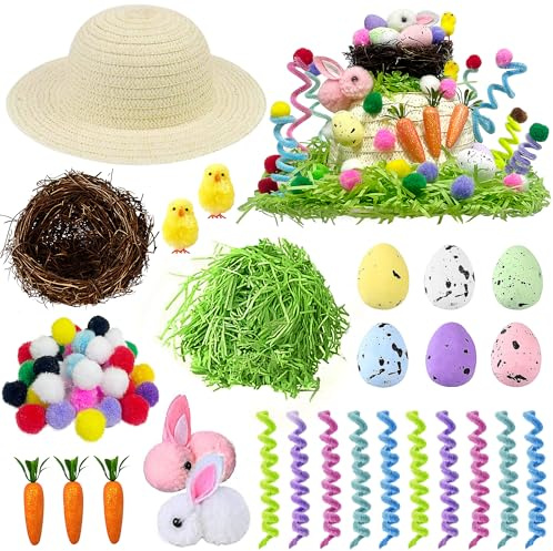 ApisNest Easter Bonnet Decorations Kit,Easter Straw hat DIY Activity with Chicks,Eggs,Bunnies,Carrots,Grass,Nests