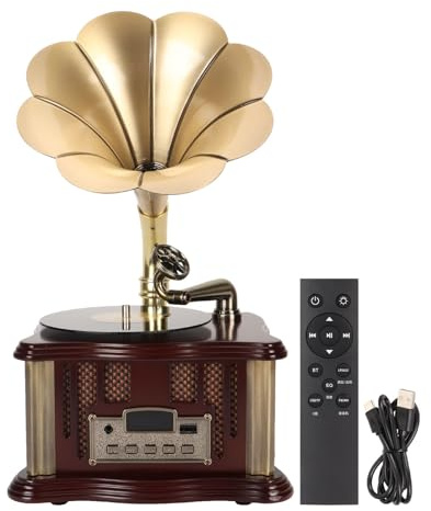 Tocadiscos Bluetooth inalámbrico con altavoz gramófono, tipo C, recargable, nostálgico, radio FM vintage para teléfonos celulares, tabletas, portátiles