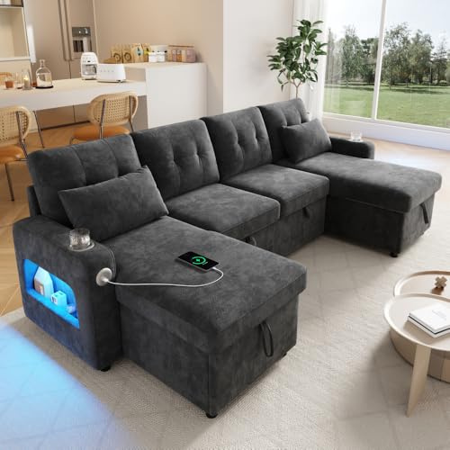 Sapgaks Canapé d'angle Convertible avec USB et LED,canapé Convertible 4 Places,Canapé lit d'angle avec Fonction Sommeil,canapé 4 Places gigogne en U,avec Rangement,avec Porte-gobelet (Gris)