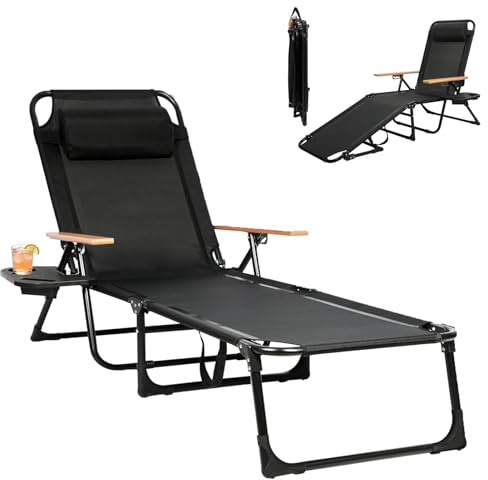 YUODIJIO Tumbonas Plegables con 4 Respaldos Ajustables, Silla Plegable Jardin,Tumbonas Playa Ligera con Reposacabezas y Portavasos, para Playa, Jardín, Patio, Pi (Negro)